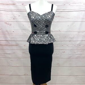 Tatyana Vintage Retro Metallic Silver Polka Dot Pinup Girl Peplum Wiggle Dress